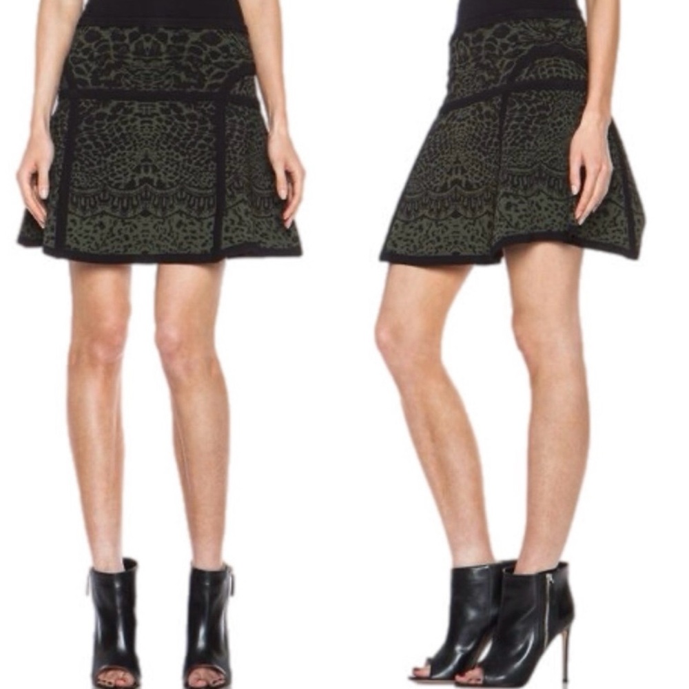 Diane von Furstenberg Animal Print Flote Skater Knit Mini Skirt Black & Olive XS